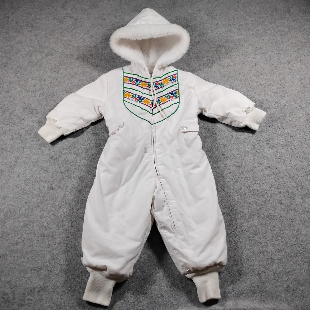 Vintage Tidykins White Embroidered Hooded Snowsuit Baby Puffer One Piece